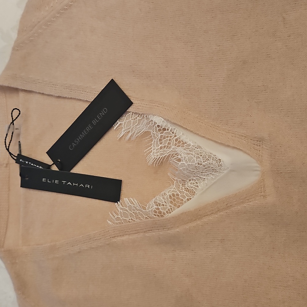 Elie Tahari Cashmere Blend Lace Detail Women's Beige Sweater. Women's M